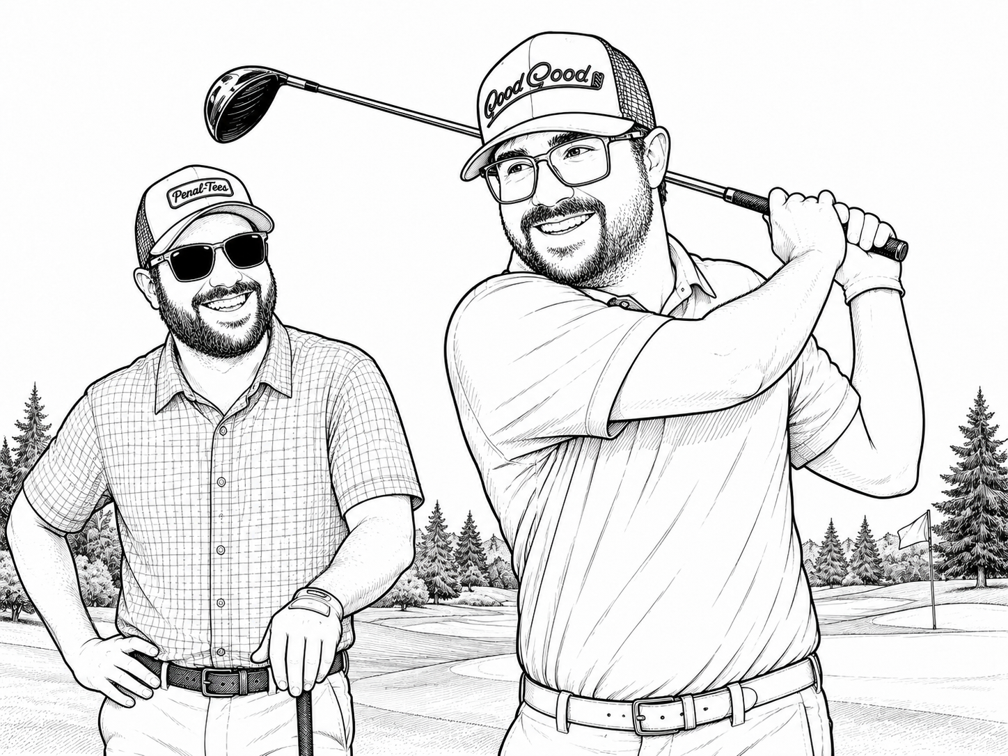 Line art of the Laser Sharp Humor brothers on a golf course
